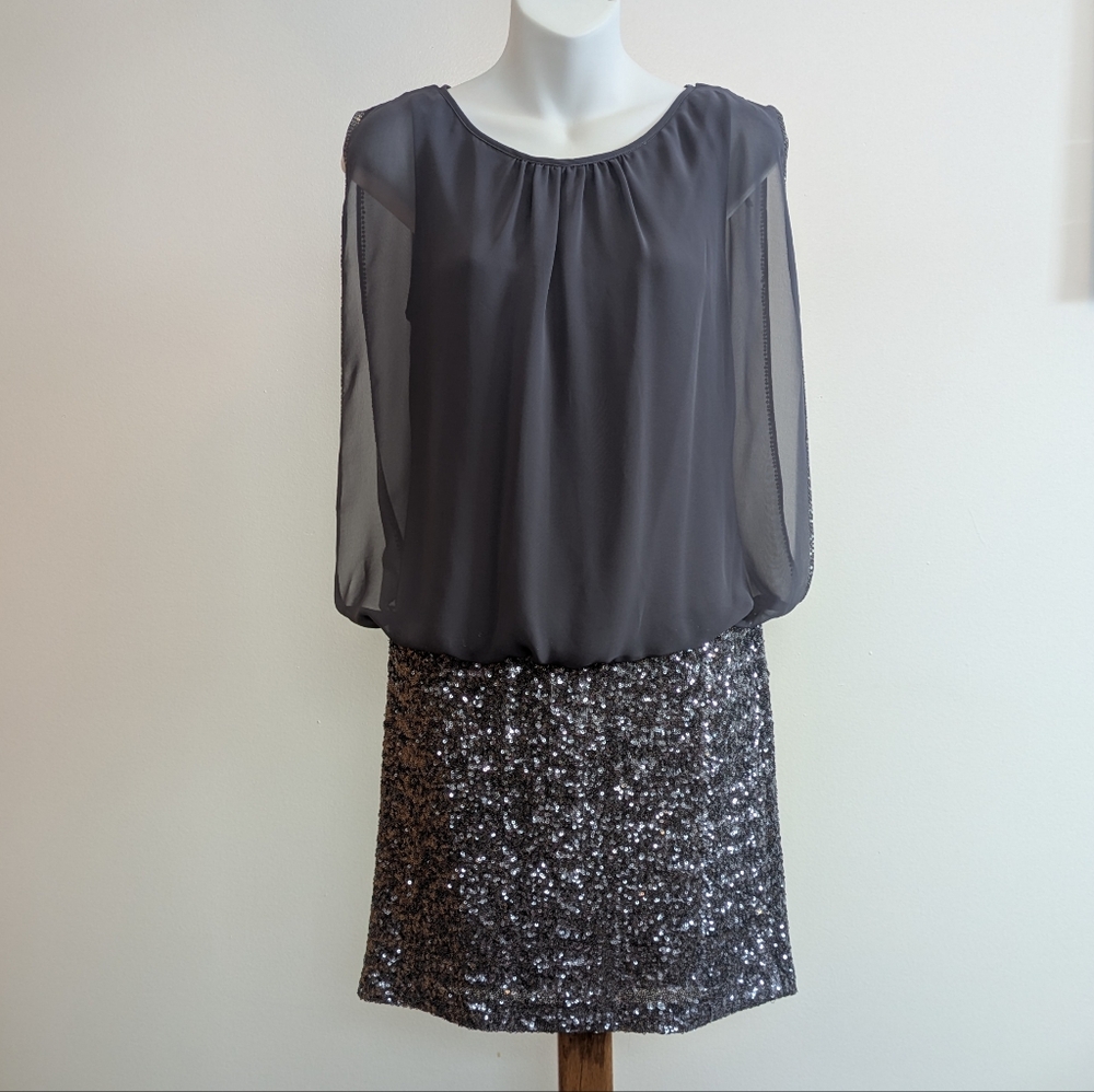 Cache Gray And Silver Sequin Dress Sz 4